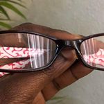 Brown burgundy frame eyeglasses clear lenses eye wear office siren core preppy glasses pink white pattern Photo 4