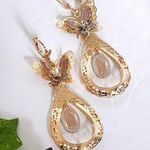Tricolor Gold Drop Filigree Earrings Butterfly with Virgin Mary Photo 0