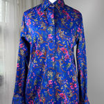 Vintage ‘80s Royal Blue Floral Print Collared Long Sleeve Button Down Blouse Photo 0