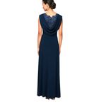 Alex Evenings  Matte Jersey Empire Sequin Lace Bodice Cowl Back Navy Maxi Dress Photo 1