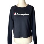 Champion  Black Crew Neck Cropped Raw Hem‎ Logo Raglan Sleeve Sweatshirt Size M Photo 0