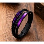 Unisex Handwoven Faux Leather Bracelet with SS Magnetic Clasp Purple Black Photo 3
