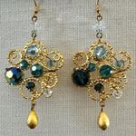 Gold Filigree Crystal Chandelier Earrings, Blue & Teal Photo 0