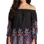 Nicole Miller Black Boho Embroidered Off The Shoulder Mini Dress 10 Flowy Whimsy Photo 0