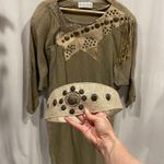 Funky Vintage 80’s oversized luxury boutique linen embellished dress chunky belt Tan Size M Photo 0
