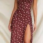 Burgundy Midi dress with floral print, high leg slit, babydoll top, size small Red Photo 0