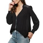 Free People  Canyon Rose Metallic Lace Long Sleeve Button Blouse Black Small Photo 0
