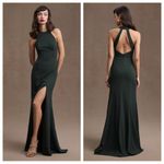 BHLDN Lennox Halter Open-Back Side-Slit Stretch Crepe Gown in Dark Emerald Photo 1