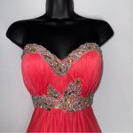 Sequin Hearts Beaded Rhinestone Strapless Coral Evening Gown Floor Length Formal Dress Photo 4