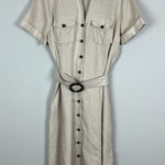 Charter Club Shirt Dress 12 Beige 100% Linen Midi Button Up Belted Short Sleeve Photo 0