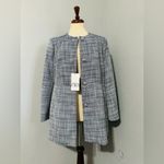 ZARA  New Blue White Round Collar Long Structured Blazer Shoulder Pads Size XL Photo 11