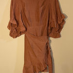 INDIKAH Elegant Asymmetrical Ruffle Dress in Tan Photo 0