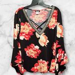 Venus  Black Floral Women's V-neck beaded bohemian sleeves criss cross front top Photo 0