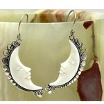 Bali Made Crescent Moon Face Carving Sterling Silver Dangle Earrings Photo 0