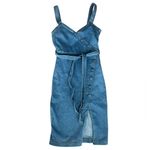 Lovers + Friends Ember Denim Asymmetric Button Front Tie Waist Slit Midi Dress S Photo 1