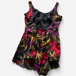 Vintage black 80s floral tropical ruffle skirt one piece swimsuit size 14 Large Red Photo 3