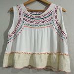 POL  Embroidered Boho Peplum Tank Top Large White Multicolor Stitch Detail Photo 0