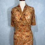 Reba  Orange Print Faux Wrap Scrunched Side Stretch Knit Short Sleeve Blouse Med Photo 1
