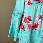Aqua Green  Floral Crochet Lace Bell Sleeve Tunic Top Sz L Photo 1
