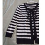 Talbots  Women Sweater S Black White Striped Button Up Cardigan Embellished Beads Photo 3