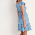 Old Navy  | Blue Denim Chambray Embroidered Cutwork Eyelet Peasant Mini Dress, L Photo 1