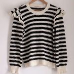 Loft  Striped Ruffle Shoulder Crewneck Sweater Long Blouson Sleeves Black Size XL Photo 0