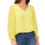 Vince Camuto Blouse 1X Yellow V-Neck Smocked Cuff Sheer Puffy Long Sleeves Photo 1