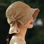 Women's Sun Hat With Bow, Summer StrawHat, Wide Brim With Elegant Beach Headwear Tan Photo 0