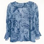 Fibers Womens Y2K Vintage Peasant Ruffled Velvet Floral Paisley Babydoll Blouse Blue Photo 6