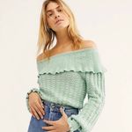 Free People Off The Shoulder Sweater Top Green Open Knit Size XS Photo 2