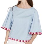 Buffalo David Bitton Crystal blue chambray top, trimmed with colorful fringe, ties in back, excellent condition, size medium  Measurements: Bust: armpit to armpit 19 inches  Length: shoulder seam to bottom 21 1/2 inches Photo 0