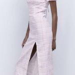 ZARA  Textured Plaid Midi Dress with Side Slit in Pink / White Photo 1