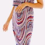 Chico's Chico’s blue orange geometric print over lay sleeveless stretch dress, size 8 Photo 1