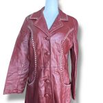 Vintage 70s Burgundy Leather Longline Trench Coat White Whipstitch Western Ranch Red Photo 5