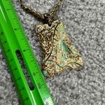 Green & Bronze Pendant Necklace Textured Metal Design on Chain 18 Inches Long Photo 6