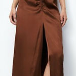 ZARA Chocolate Brown Silk Cinched Front Slit Maxi Midi Skirt Medium Island Girl Photo 0