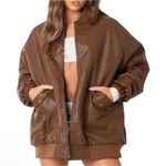 Edikted  Vegan Leather Quilt Lined Oversized Brown Bomber Jacket, Size S Photo 0