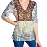 One World Retro Y2K  Brown Neutral Beaded Lace Embroidery Boho Lotus Shirt Photo 0
