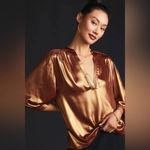 Anthropologie  Gold Copper Metallic Shimmer Foil Blouse V-Neck Size Medium M Photo 1
