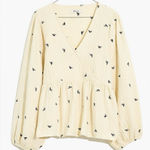 Madewell ‎ Antique Cream Lightspun Peplum Wrap Top in Black Tiny Bows Size XS Photo 0
