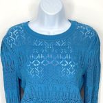 Intermix  Womens 100% Cotton Crew‎ Neck Pullover Crochet Sweater Blue Petite Photo 2