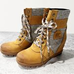 Sorel Lexie Camel Tan Leather Gray Fleece Wedge Lace Up Burnished Ankle Boots 6 Photo 1