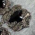 Vintage Black Silver Ornate Luggage Tag Articulated Earrings Scrollwork Design Photo 11