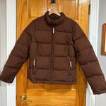 Lilly Pulitzer  Brown Puffer Jacket M Floral Lined Pink Down Coat 80/20 Duck Down Photo 0