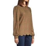 st. john's bay plaid scalloped Blouse top MEDIUM Tan Red Long Sleeve NWOT Photo 4