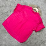 Anthropologie by  Classic Surf Satin Shortsleeve Button Down Shirt in Hot Pink M Photo 9
