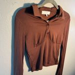 No Comment Brown Fitted Long Sleeve Button Down Shirt SZ S 1/4 Button Y2K Petite Tee Photo 2
