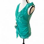 Lulumari y2k Teal Aqua Blouse Top Ruffle Detail Floral Applique Party top Small EUC Photo 4