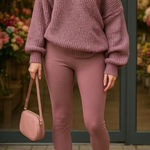 Zenana Women's  Two Piece V-Neck Sweater & Legging Set - Dusty Rose Pink Medium Photo 0
