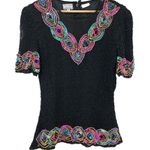 Stenay LARGE VINTAGE 80s 100% SILK Black Multi Beaded Sequin Top Short Sleeve Photo 2